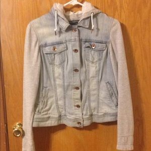 Jean Jacket with sweater material sleeves and hood